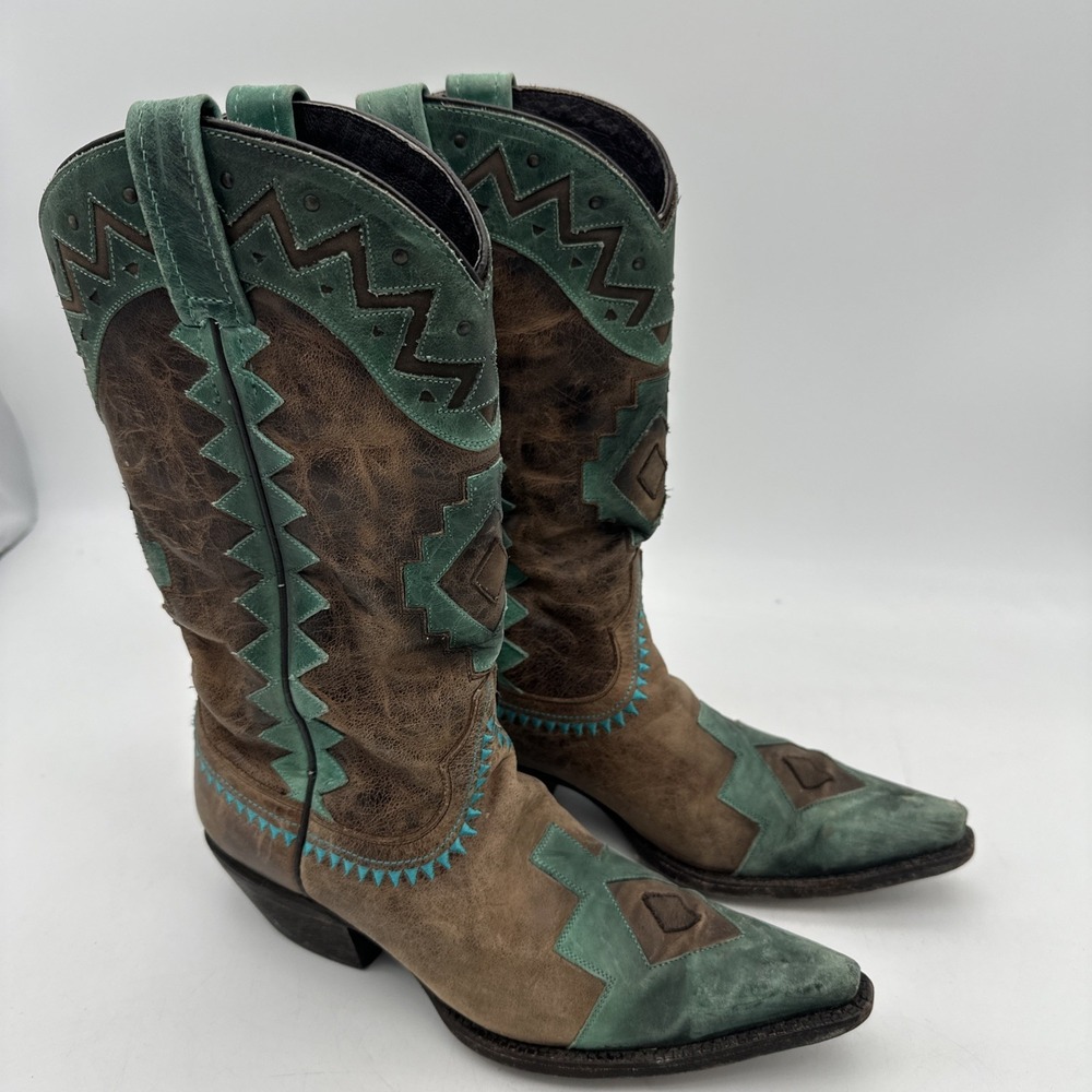 Vaccari Pointed Toe Western Boots Brown Turquoise Green Distress Women's Sz 7.5